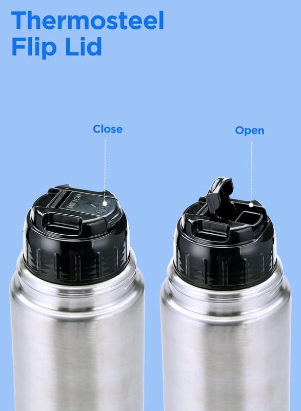 Milton Flip Lid 500 Thermosteel Water Bottle 500 ml, 24 Hr Hot and Cold I Leak Proof Lid with Jacket, ISI Certified I Vacuum Insulated I for Office, Gym, School I Silver
