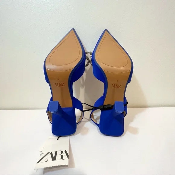Zara - Crystal Bow Pointed Toe Satin Sling back Pump Blue Size-3UK
