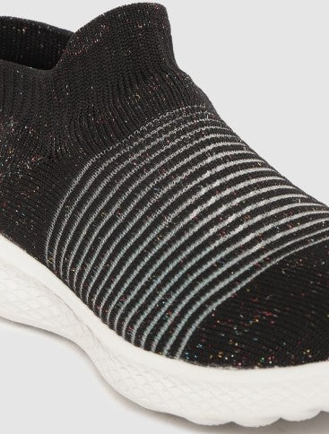 Crew STREET Women Black Striped Shimmer Detail Slip-On Sneakers (Size-4)