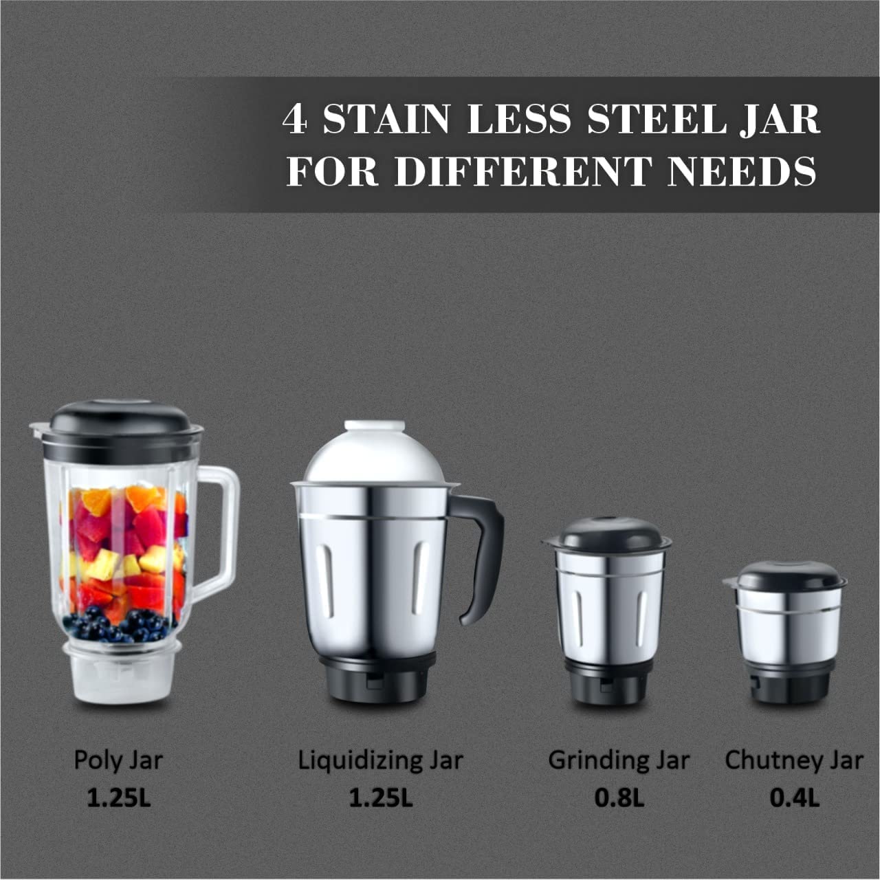 DigiSmart Kitchen Mate 750 Watt Powerful Motor Mixer Grinder for Chutney, Juice and Shake With 4 Jars, Fast Grinding Wet & Dry Ingridients, Stainless Blade - Grey and Black