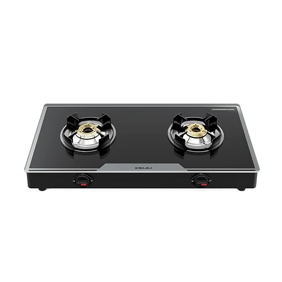 Bajaj 2Brgp7 Stainless Steel Glass Top Gas Stove with 2 Brass Burners, Isi Certified, Anti-Viral & Anti-Bacterial Coating, Black, Regular