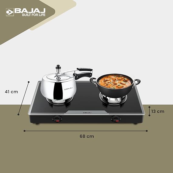 Bajaj 2Brgp7 Stainless Steel Glass Top Gas Stove with 2 Brass Burners, Isi Certified, Anti-Viral & Anti-Bacterial Coating, Black, Regular