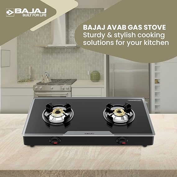 Bajaj 2Brgp7 Stainless Steel Glass Top Gas Stove with 2 Brass Burners, Isi Certified, Anti-Viral & Anti-Bacterial Coating, Black, Regular