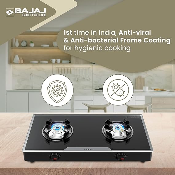 Bajaj 2Brgp7 Stainless Steel Glass Top Gas Stove with 2 Brass Burners, Isi Certified, Anti-Viral & Anti-Bacterial Coating, Black, Regular