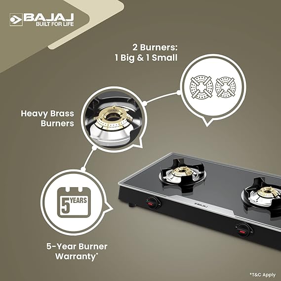 Bajaj 2Brgp7 Stainless Steel Glass Top Gas Stove with 2 Brass Burners, Isi Certified, Anti-Viral & Anti-Bacterial Coating, Black, Regular