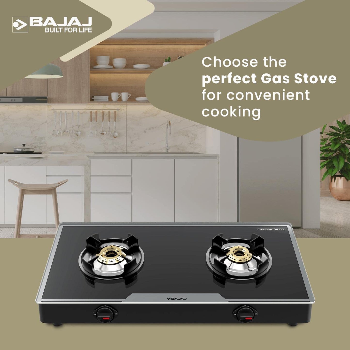 Bajaj 2Brgp7 Stainless Steel Glass Top Gas Stove with 2 Brass Burners, Isi Certified, Anti-Viral & Anti-Bacterial Coating, Black, Regular