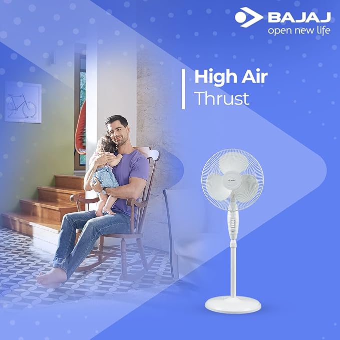 Bajaj Esteem 400 MM Oscillating Pedestal Fan For Home | Stand Fan With Tilt Mechanism | Voltage Protection | 100% Copper Motor | High Air Delivery | 3-Speed Control |【White】