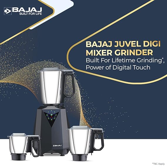 Bajaj Juvel Digi Mixer Grinder 800W | Duracut Blades | Pre-Set Menu | 3 Jars | Nutri-Pro Feature | 【Dark Grey