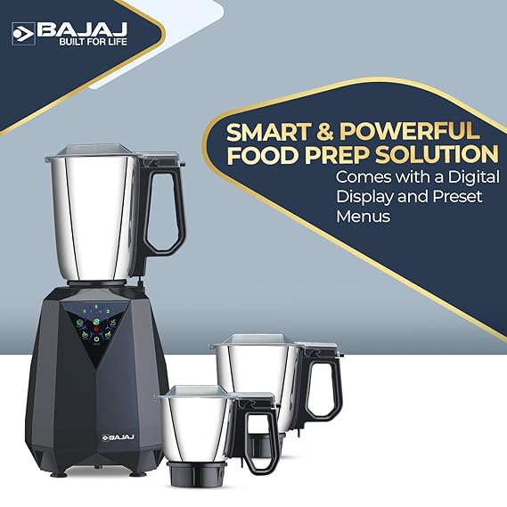 Bajaj Juvel Digi Mixer Grinder 800W | Duracut Blades | Pre-Set Menu | 3 Jars | Nutri-Pro Feature | 【Dark Grey