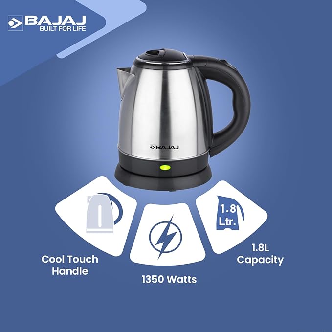 Bajaj KTX 1.8L DLX Electric Kettle | 1350 Watts Kettle with Stainless Steel Body | Cordless Operation | Auto Shut-off Mechanism