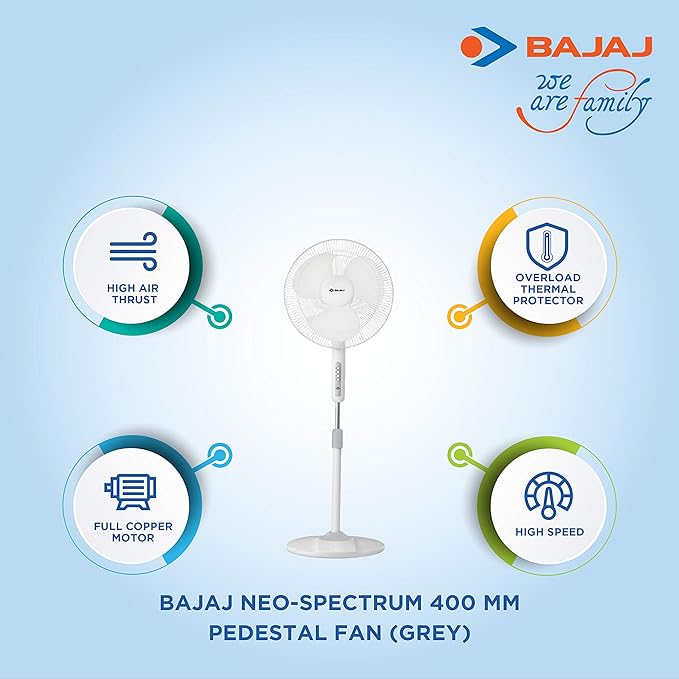 Bajaj Neo-Spectrum 400 MM Pedestal Fan for Home | High Air Delivery | High Speed | Full Copper Motor | 【Grey】