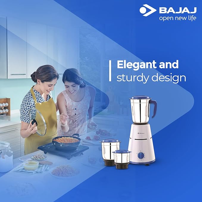 Bajaj Pluto 500W Mixer Grinder with 2 in 1 Function Blade, 3 Jars, White