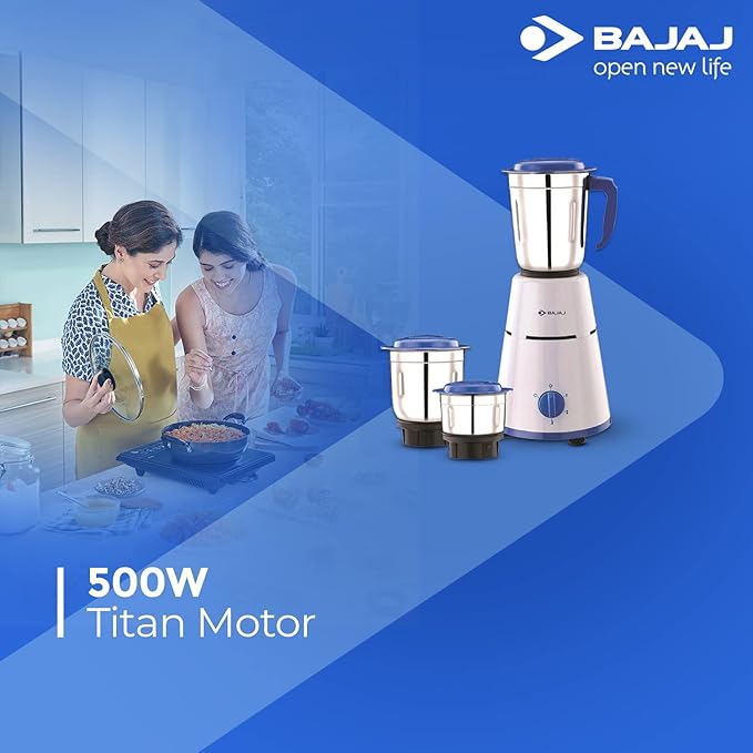 Bajaj Pluto 500W Mixer Grinder with 2 in 1 Function Blade, 3 Jars, White