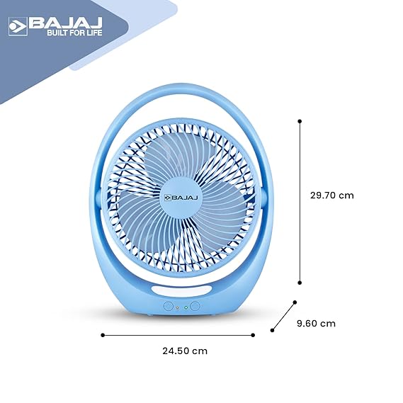 Bajaj Pygmy Go 178MM Mini Fan with LED Lighting | Rechargeable | USB Charging | 4-hours Battery Backup | 3 Speed | 2-Light Brightness Setting | High Speed | Portable【Blue】