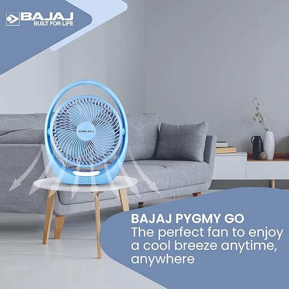 Bajaj Pygmy Go 178MM Mini Fan with LED Lighting | Rechargeable | USB Charging | 4-hours Battery Backup | 3 Speed | 2-Light Brightness Setting | High Speed | Portable【Blue】