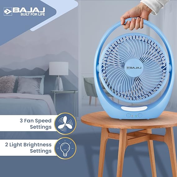 Bajaj Pygmy Go 178MM Mini Fan with LED Lighting | Rechargeable | USB Charging | 4-hours Battery Backup | 3 Speed | 2-Light Brightness Setting | High Speed | Portable【Blue】