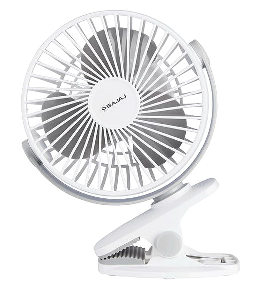Bajaj Pygmy Mini Fan 110MM | USB Charging | Multi-Clip Function | Rechargeable | 4-Hr Back-up | Silent Operation | Longer Battery Life | Energy Efficient | Portable【White】