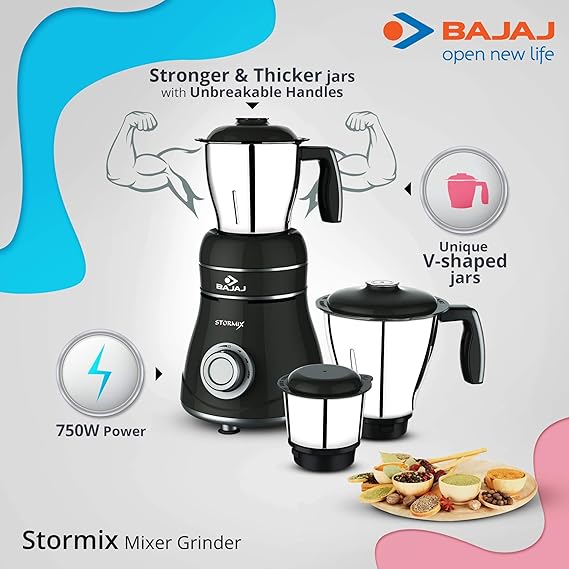 Bajaj Stormix 750-Watt Mixer Grinder with 3 Jars (Silver and grey)