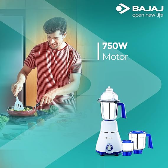 Bajaj Typhoon 750W Mixer Grinder | Nutri-Pro Feature | 3 Jars | Anti-Slip Handles 【White】