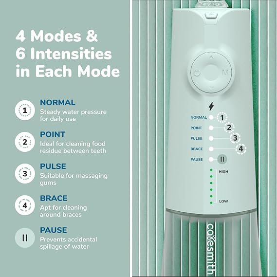 Caresmith Neo Cordless Oral Flosser | 24 Pressure Settings with 5 Modes & 6 Intensities |300 ml Large Detachable Water Tank | Power Flosser for teeth | IPX7 Waterproof | 2 Jet Tips Provided (Green)