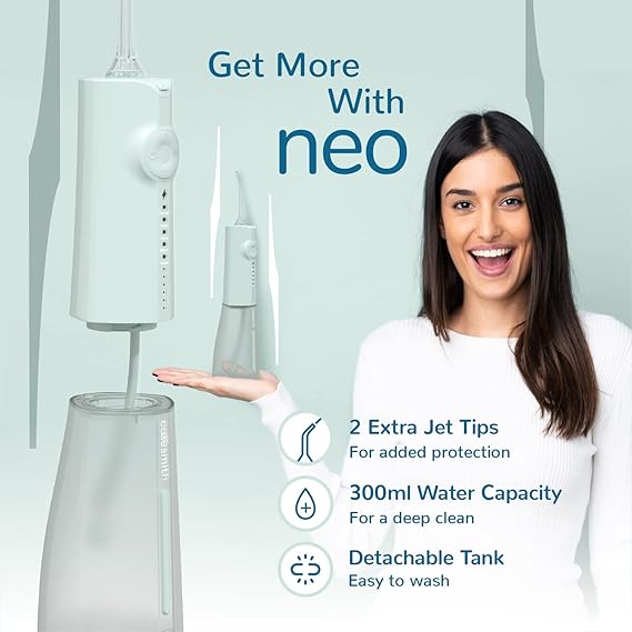 Caresmith Neo Cordless Oral Flosser | 24 Pressure Settings with 5 Modes & 6 Intensities |300 ml Large Detachable Water Tank | Power Flosser for teeth | IPX7 Waterproof | 2 Jet Tips Provided (Green)