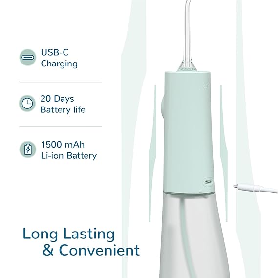 Caresmith Neo Cordless Oral Flosser | 24 Pressure Settings with 5 Modes & 6 Intensities |300 ml Large Detachable Water Tank | Power Flosser for teeth | IPX7 Waterproof | 2 Jet Tips Provided (Green)