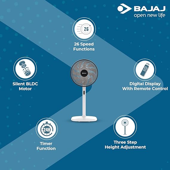 Bajaj Dominus 18 350 MM Pedestal Fan For Home | BLDC Motor | Digital Display With Remote Control | Height Adjustment | 18 Blades Fan