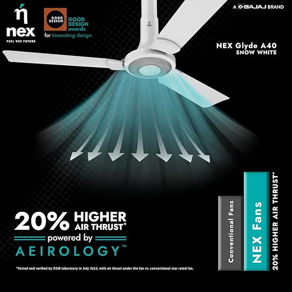 NNEX by BAJAJ Glyde A40 1200 MM | BEE 2 Star Rated Premium Ceiling Fan | 20% Higher Air Thrust* | Airfluence™ Al Blades | Adjustable Downrod 【Snow White】