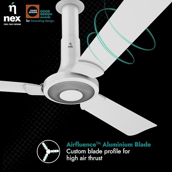 NNEX by BAJAJ Glyde A40 1200 MM | BEE 2 Star Rated Premium Ceiling Fan | 20% Higher Air Thrust* | Airfluence™ Al Blades | Adjustable Downrod 【Snow White】