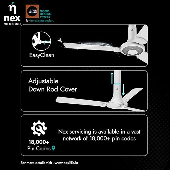 NNEX by BAJAJ Glyde A40 1200 MM | BEE 2 Star Rated Premium Ceiling Fan | 20% Higher Air Thrust* | Airfluence™ Al Blades | Adjustable Downrod 【Snow White】