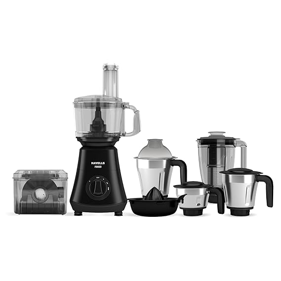 Havells Foodo 750 Watt Mixer Grinder with 5 Jars | Includes Food Processor Jar with Dual Pusher | 14-in-1 Functionality | Rust-Resistant 304 SS Blades | Storage Box | (Black)