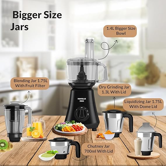 Havells Foodo 750 Watt Mixer Grinder with 5 Jars | Includes Food Processor Jar with Dual Pusher | 14-in-1 Functionality | Rust-Resistant 304 SS Blades | Storage Box | (Black)
