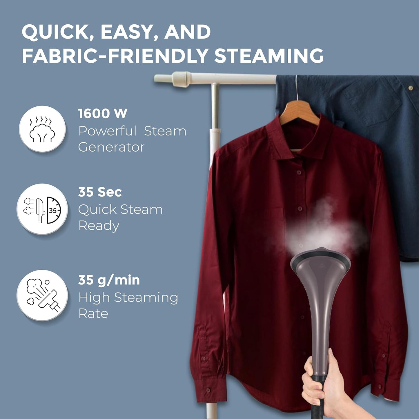 HAVELLS Fyber Standing Garment Steamer for clothes| 1600 Watt | 3 Steam Control | Adjustable Pole Height | Quick Steam Ready | 1.3L Detachable Tank | Purple