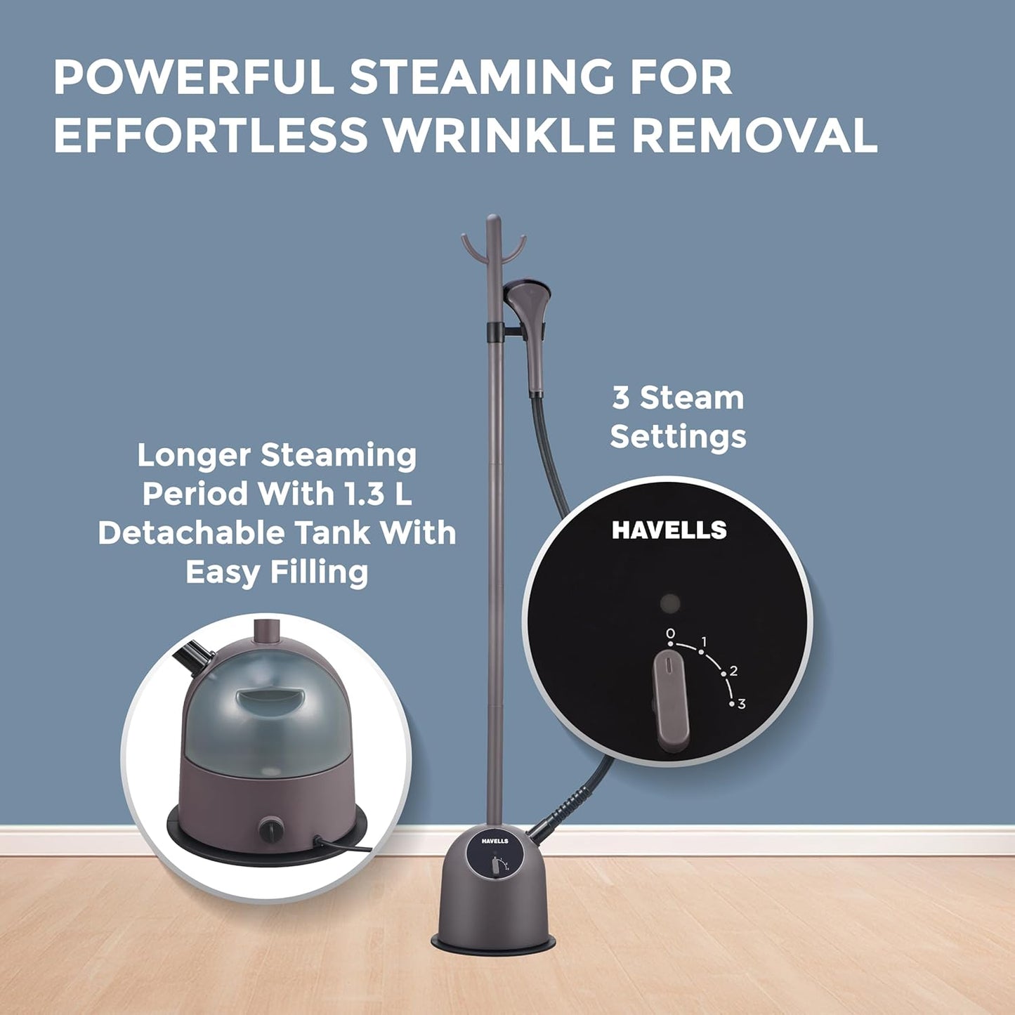 HAVELLS Fyber Standing Garment Steamer for clothes| 1600 Watt | 3 Steam Control | Adjustable Pole Height | Quick Steam Ready | 1.3L Detachable Tank | Purple
