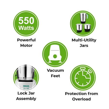 INALSA Mixer Grinder Jazz Pro -550W with 3 Stainless Steel Jars