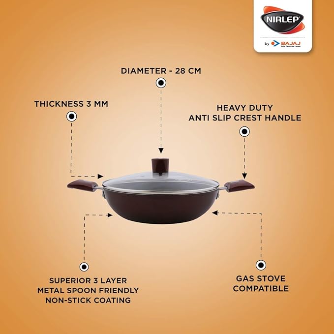 Nirlep by Bajaj Electricals Selec+ J Class 2.2 Ltr,24 Cm Non Stick Kadhai with Lid, 3 mm