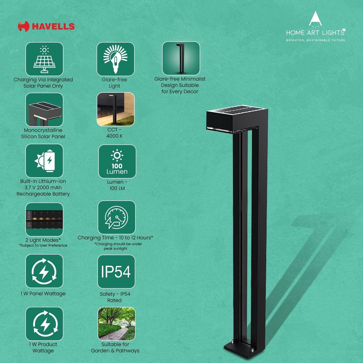 Havells Solar Bollard (LED Sunbeam Pathfinder 1W IP54 Solar R B)
