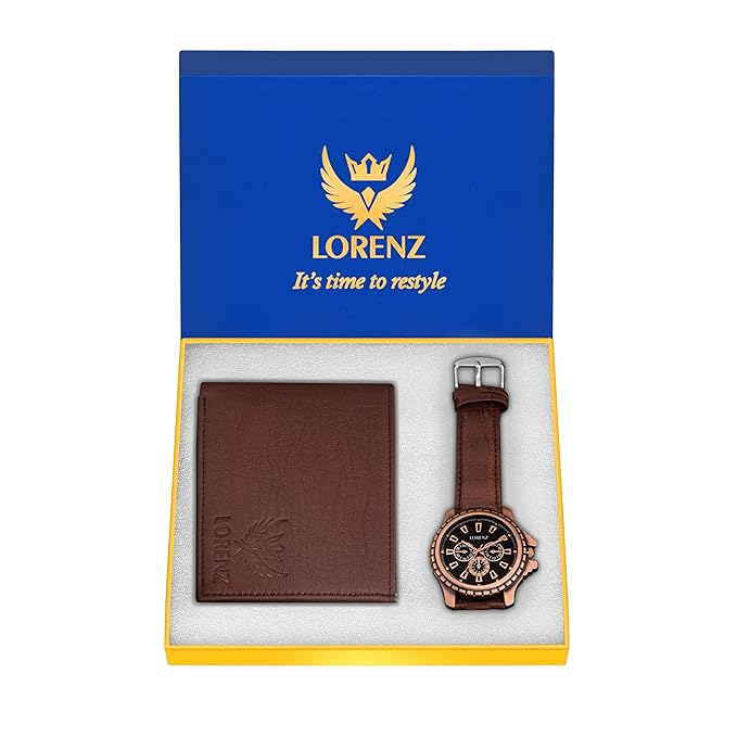 LORENZ Men's Gift Combo Set - Brown Analog Watch & Brown PU Leather Wallet | Stylish Gents Watch and Wallet Gift Set for Men