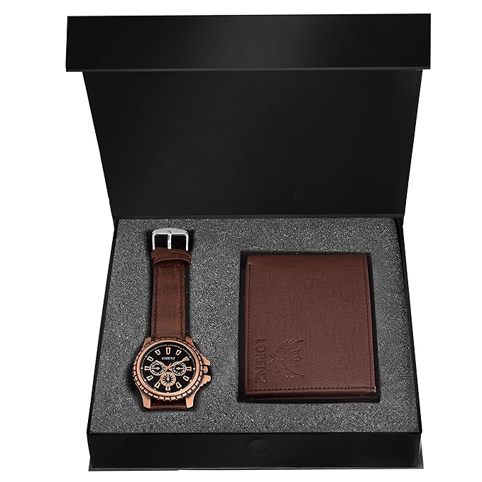 LORENZ Men's Gift Combo Set - Brown Analog Watch & Brown PU Leather Wallet | Stylish Gents Watch and Wallet Gift Set for Men