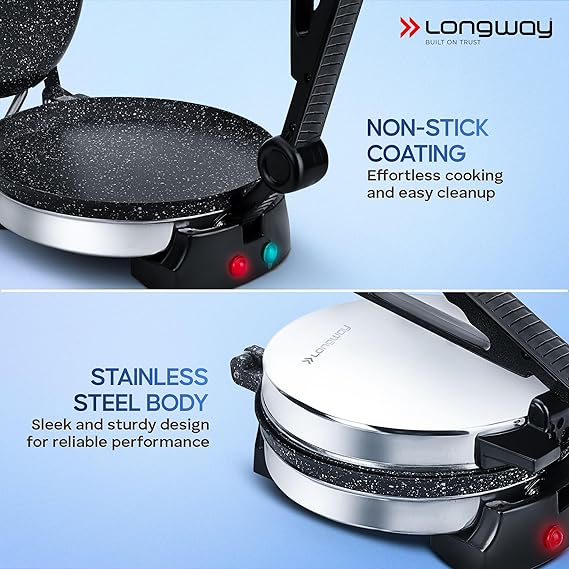 Longway Automatic Electric Roti Maker | Non-Stick Stainless Steel Press for Roti, Chapati & Parathas Multipurpose | (1000 W, Silver)