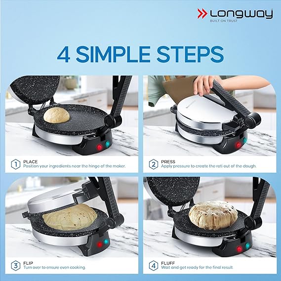 Longway Automatic Electric Roti Maker | Non-Stick Stainless Steel Press for Roti, Chapati & Parathas Multipurpose | (1000 W, Silver)