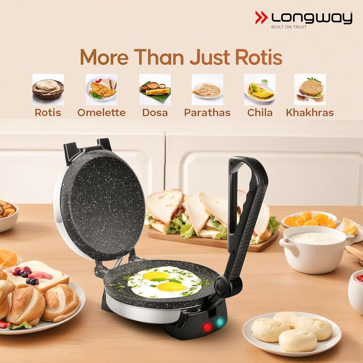 Longway Automatic Electric Roti Maker | Non-Stick Stainless Steel Press for Roti, Chapati & Parathas Multipurpose | (1000 W, Silver)