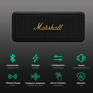 UNBOXED MARSHALL EMBERTON BLUETOOTH SPEAKER BLACK & BRASS