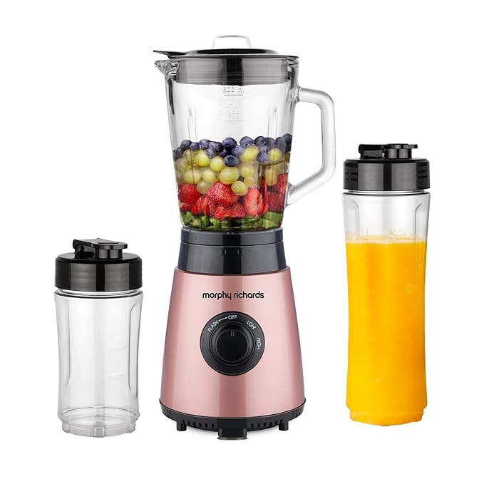 Morphy Richards Blendexpert 400 W Powerful Copper Motor, 25000 Rpm, 2 Smoothie Jars With Flip Lid Top, Stainless Steel Body, Rose Gold, 400 Watt