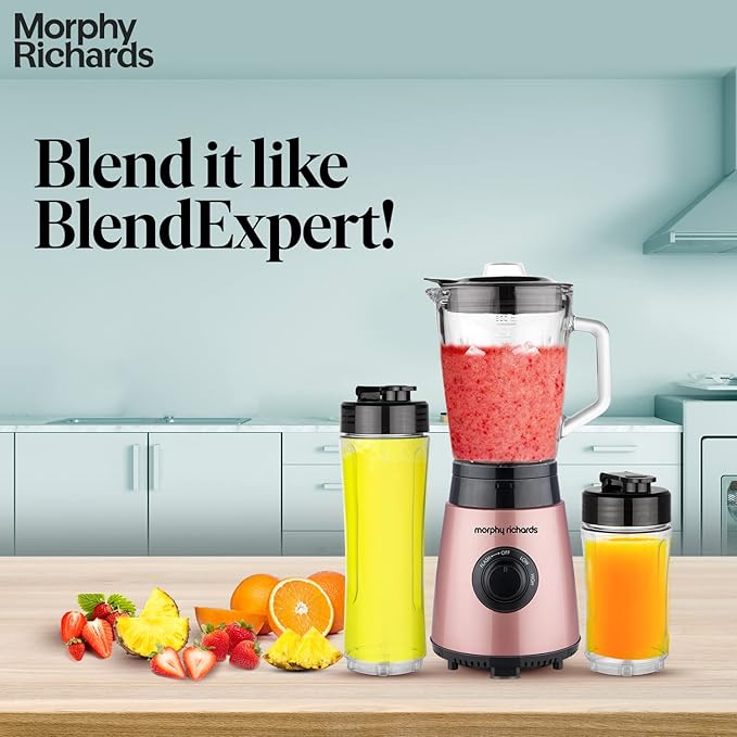 Morphy Richards Blendexpert 400 W Powerful Copper Motor, 25000 Rpm, 2 Smoothie Jars With Flip Lid Top, Stainless Steel Body, Rose Gold, 400 Watt