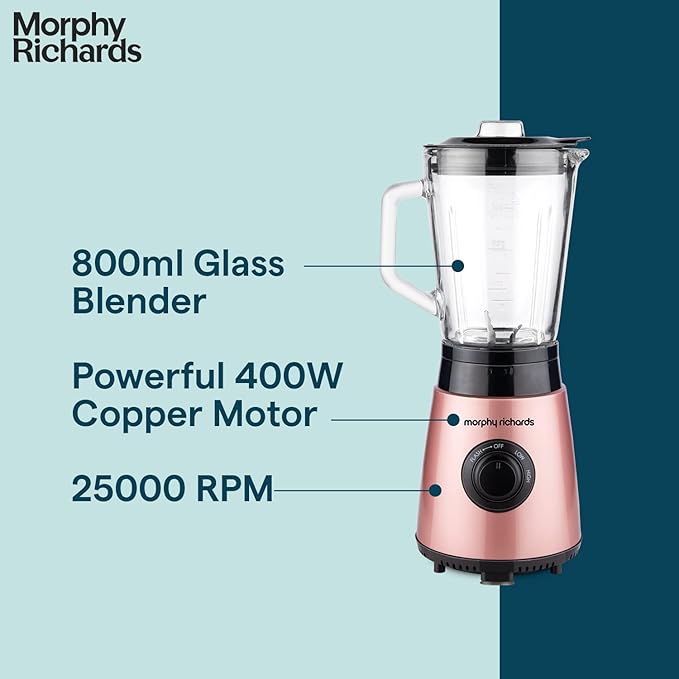 Morphy Richards Blendexpert 400 W Powerful Copper Motor, 25000 Rpm, 2 Smoothie Jars With Flip Lid Top, Stainless Steel Body, Rose Gold, 400 Watt