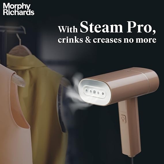 Morphy Richards SteamPro 1300 W Handheld Garment Steamer | With 130ml Detachable Water Tank | Foldable & Lightweight | Champagne Gold