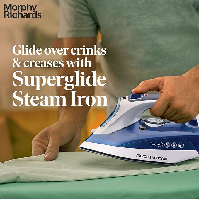Morphy Richards Super Glide 2000W Steam Iron with Steam Burst, Vertical and Horizontal Ironing, Ceramic Coated Soleplate, Blue