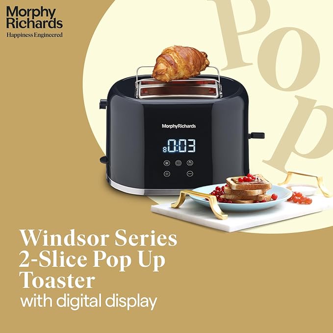 Morphy Richards Windsor Series Digital 2 Slice 800W Pop Up Toaster|8-Browning Levels|Reheat&Defrost|Wide Bread Slots|Bun Warmer|Dust Cover|Removable Crumb Tray
