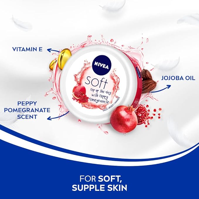 NIVEA Soft Light Moisturizer 200ml | Peppy Pomegranate | For Face, Hand & Body, Instant Hydration | Non-Greasy Cream | With Vitamin E & Jojoba Oil | All Skin Types (Pack of 2)